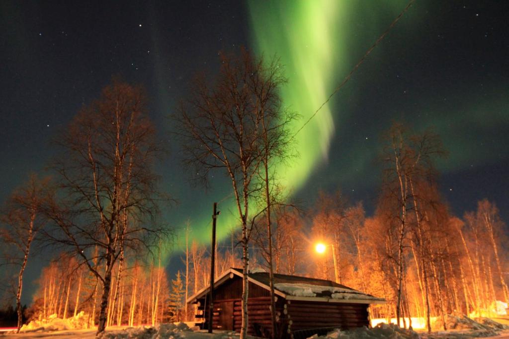 a cabin with the aurora in the sky at Ivalo River Camping in Ivalo