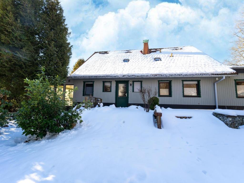 une maison avec une cour recouverte de neige devant elle dans l'établissement Forest Villa with Sauna, à Elend