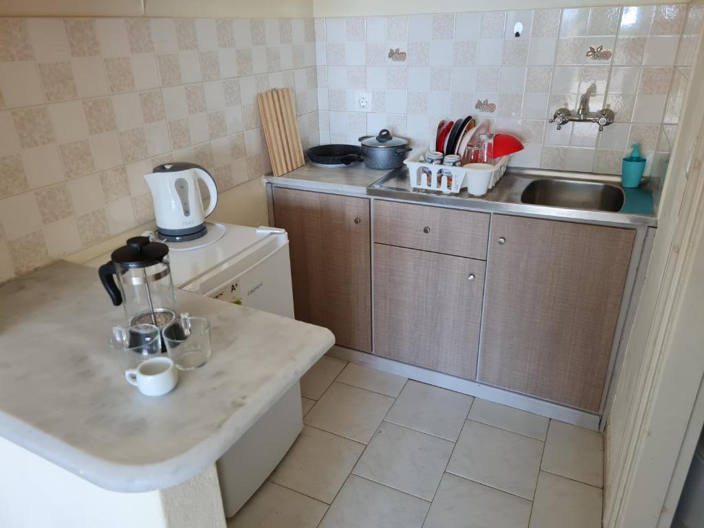 Kuchyň nebo kuchyňský kout v ubytování Paradise Sea View Pool Apartments Moraitika