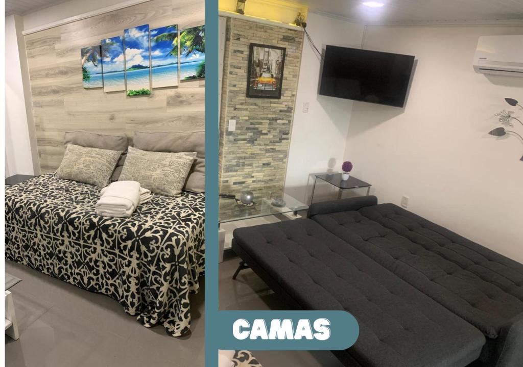 twee foto's van een slaapkamer met een bed en een tv bij Moderno apto con terraza a cuadras del Shopping Terminal in Paysandú