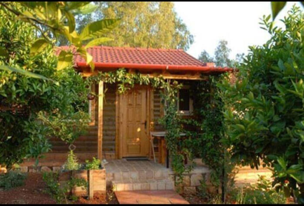 a small wooden house with a red roof at בקתות באהבה בוטיק in Rosh Pinna