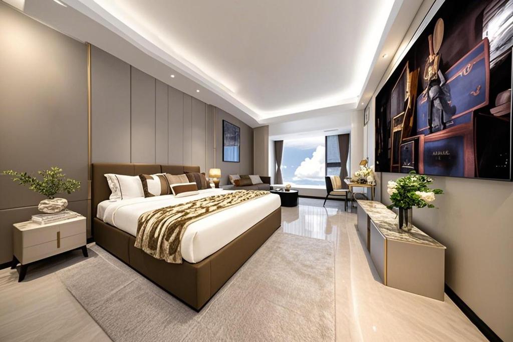 Postel nebo postele na pokoji v ubytování Yu Manju High-floor Huge-Screen Audiovisual Hotel-Guangzhou Tower Zhujiang New Town Sports West Road Branch