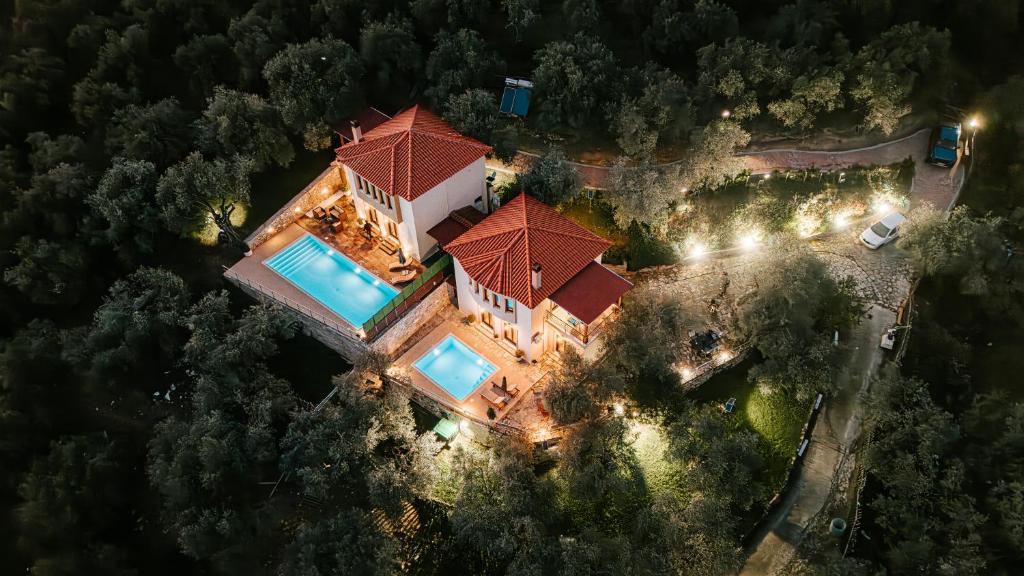 an aerial view of a house with a red roof at PELIONBLUE VILLAs in Volos