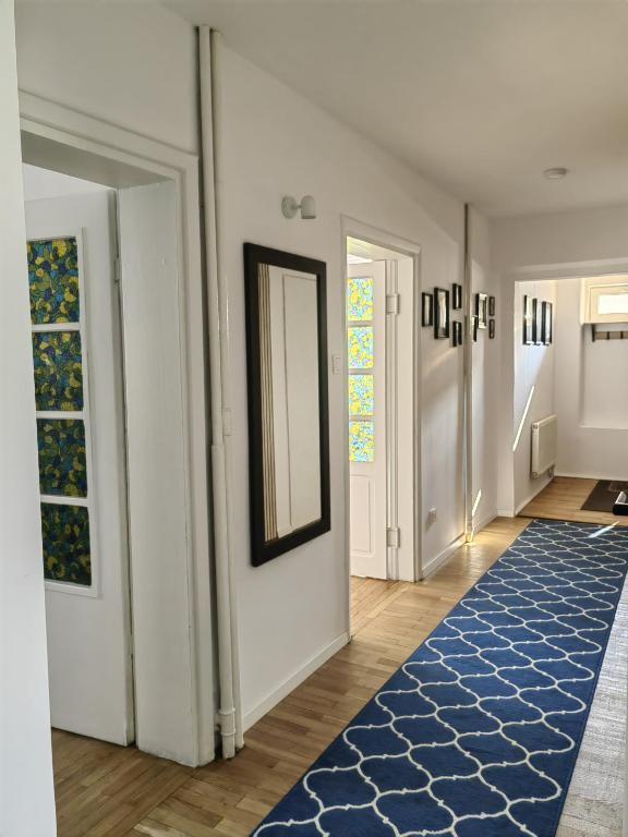 a hallway with a blue rug and a mirror at Apartament Mickiewicza in Rumia