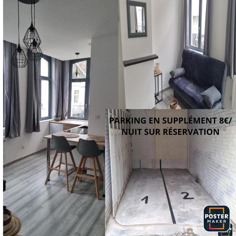 un salon avec un canapé bleu et une table dans l'établissement air cosy valenciennes gare activité illégales interdit, à Valenciennes