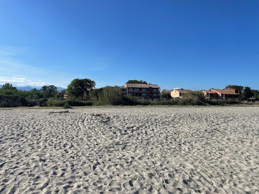 ein Sandstrand mit Häusern im Hintergrund in der Unterkunft LES BULLES DE MONA - Marina Corse - 2 ch - Clim - Terrasse-pieds dans leau-plage in Ghisonaccia