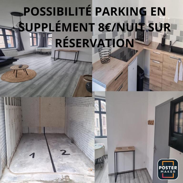 un collage de photos d'une cuisine et d'un salon dans l'établissement Air Cosy 2 Valenciennes gare prostitution refusée, à Valenciennes