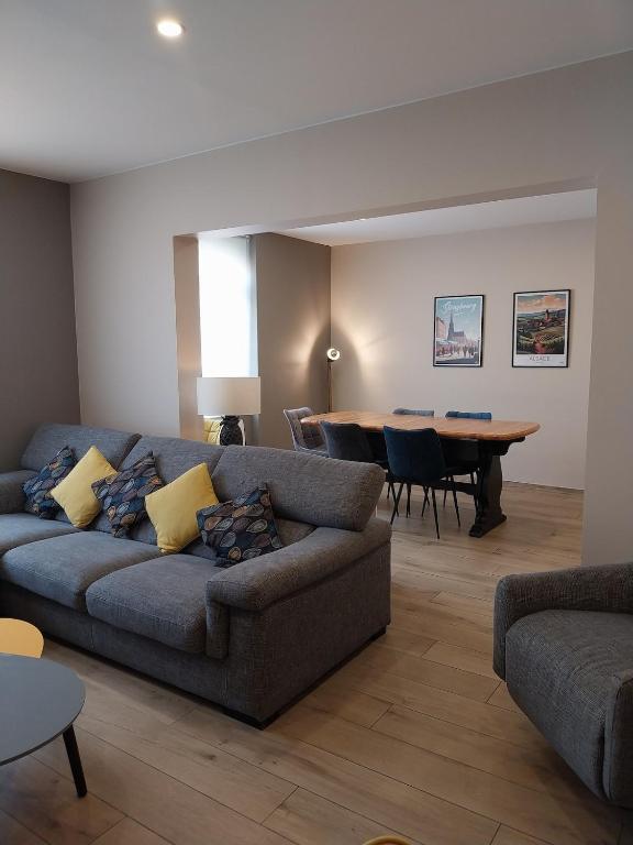 un salon avec un canapé et une table dans l'établissement Superbe appartement à Strasbourg, à Strasbourg
