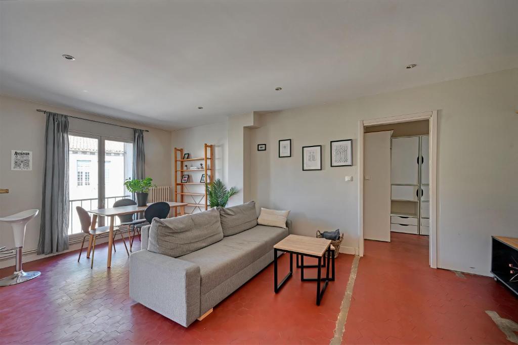 un salon avec un canapé et une table dans l'établissement Le 33 - Clim - Free parking - Wi-Fi, à Avignon