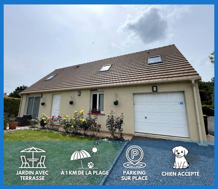 une maison avec un garage avec un chien dans l'allée dans l'établissement Saint Ho Mer Maison lumineuse vue mer 8 pers 4 chambres 2 sdb 2 WC étage rénové en 2025 belle terrasse grand jardin clos parking 8 mn à pied petite plage grand jardin près de Port en Bessin, Bayeux et plage Omaha beach, à Sainte-Honorine-des-Pertes