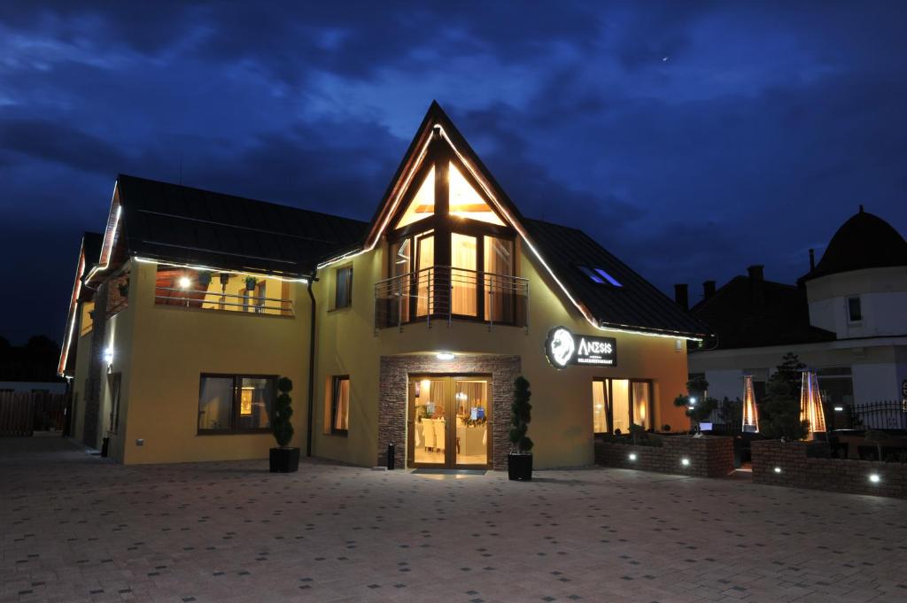 a house with a lit up facade at night at Penzion Anesis - Apartmány in Turčianske Teplice