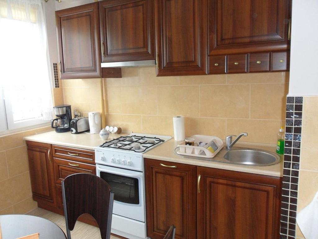 cocina con armarios de madera, fogones y fregadero en Apartament Widokowy, en Wroclaw