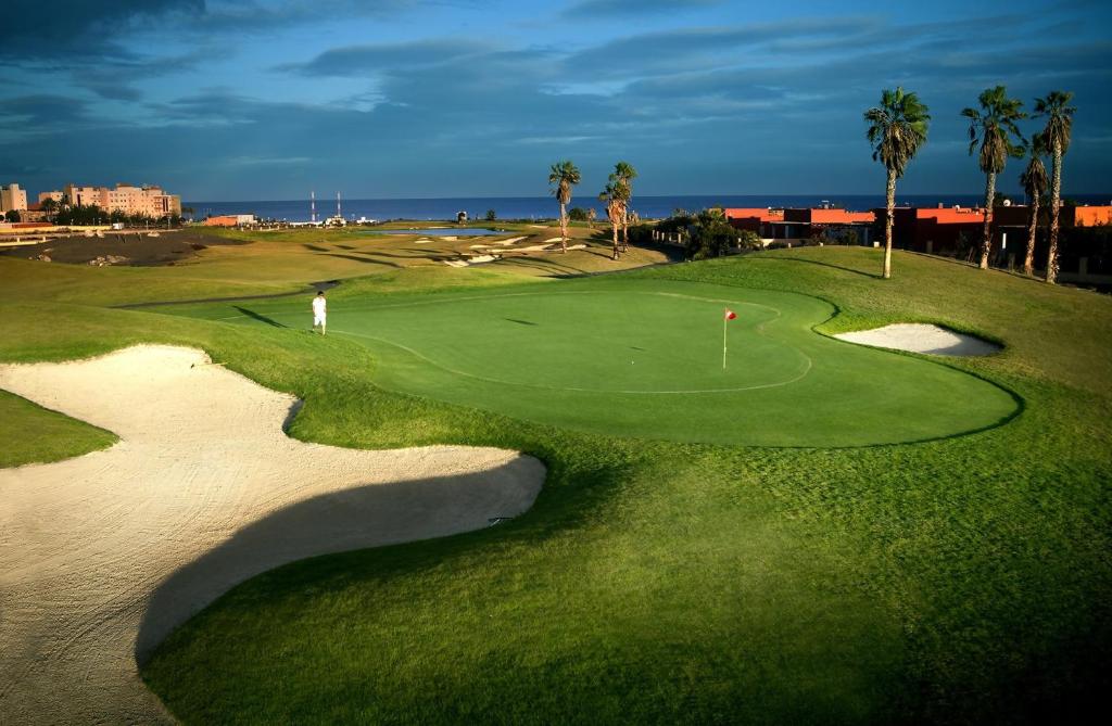 a man on a golf course with the ocean in the background at Blue Sky Golf Villas in Antigua