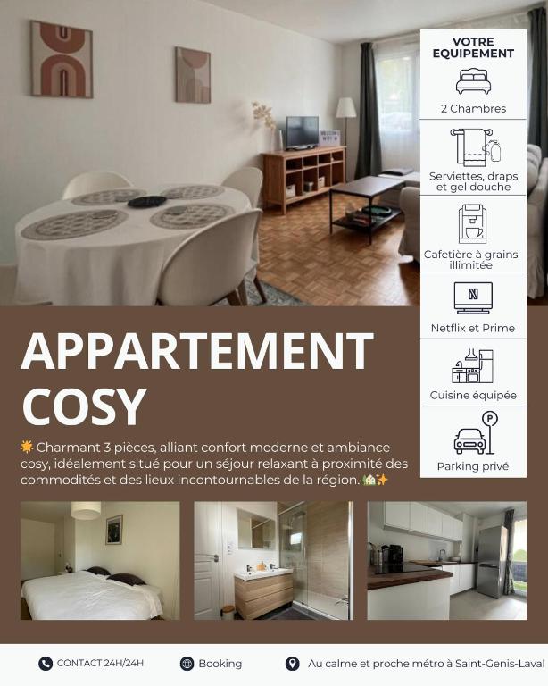 une publicité pour une chambre avec une table dans le salon dans l'établissement Appartement Cosy et Confortable, à Saint-Genis-Laval