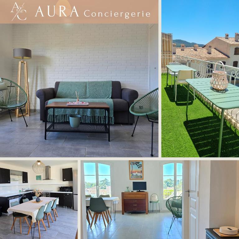 un collage de photos avec un canapé et des tables dans l'établissement Goodlife - à 5 min à pieds de la mer avec balcon & parking - By AURAconciergerie, à Saint-Cyr-sur-Mer