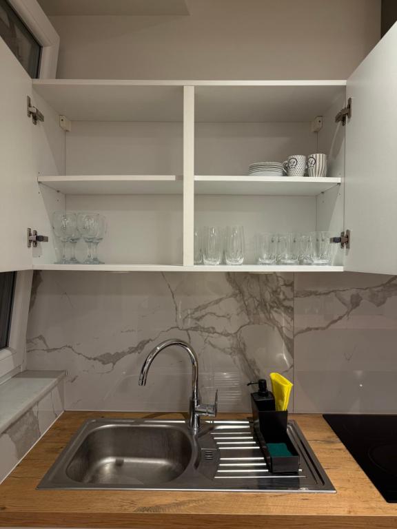 eine Küchentheke mit Spüle und Gläsern auf Regalen in der Unterkunft Arm Apart in Brüssel