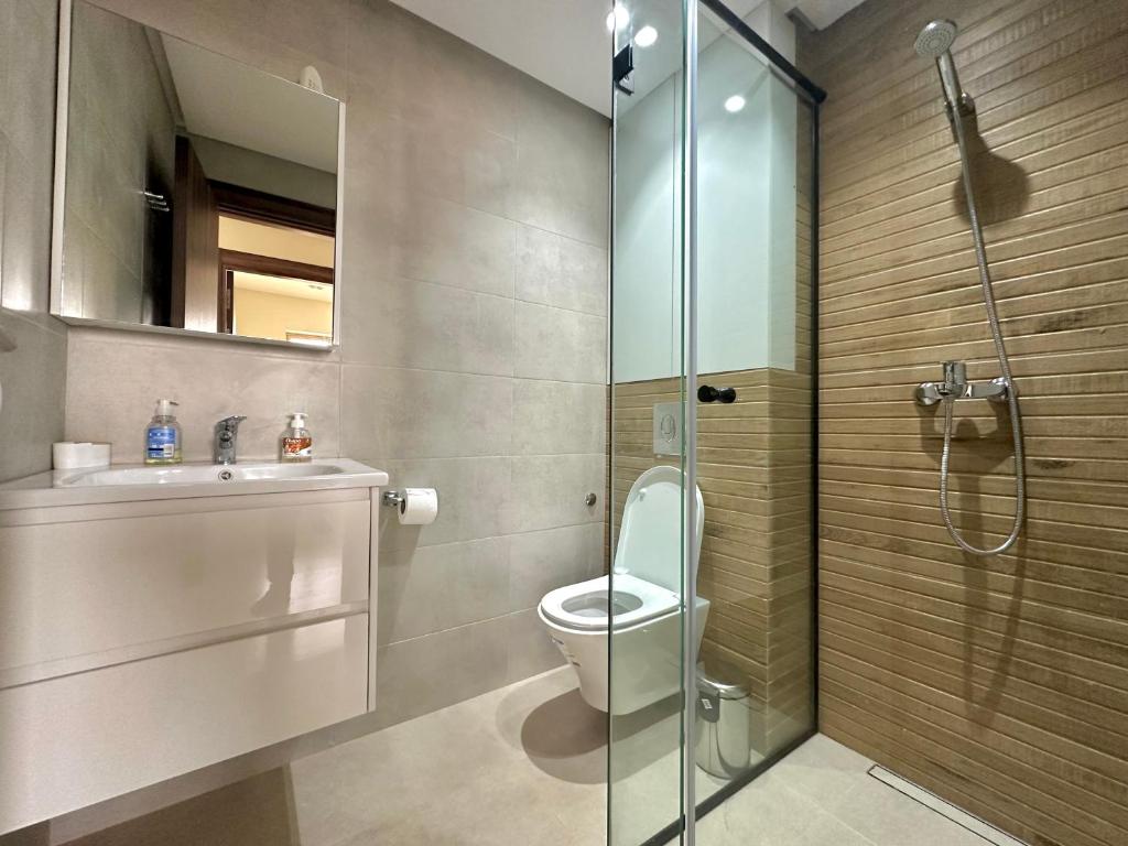阿加迪尔Appartement vue océan的一间带卫生间和玻璃淋浴间的浴室