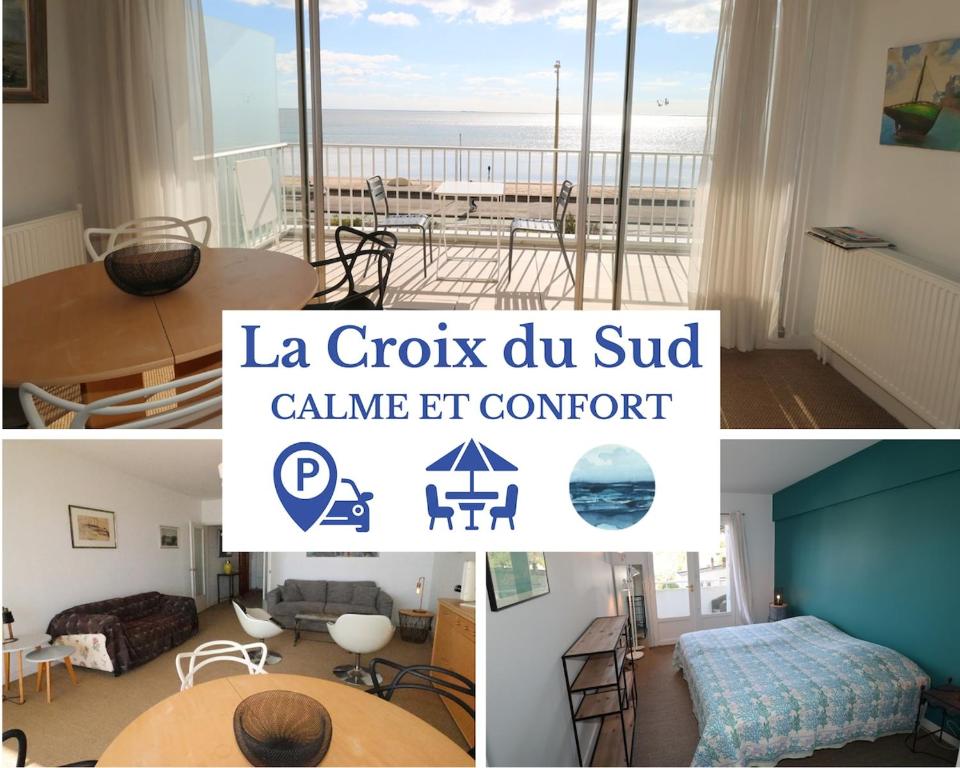 un collage de photos d'une chambre avec vue sur l'océan dans l'établissement La Croix du Sud By Tranquil at Home, à La Baule