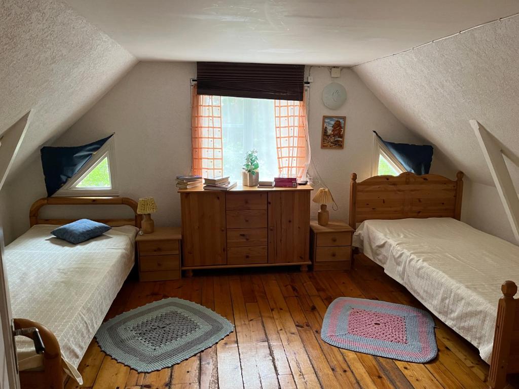 Habitación en el ático con 2 camas y ventana en Hafners Ferienhaus, en Gullringen