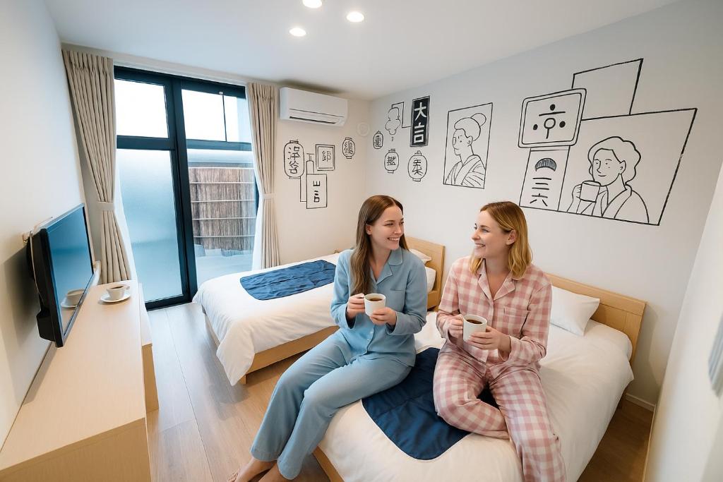 two girls are sitting on a bed holding cell phones at Kamon Inn Toji Higashi in Kyoto