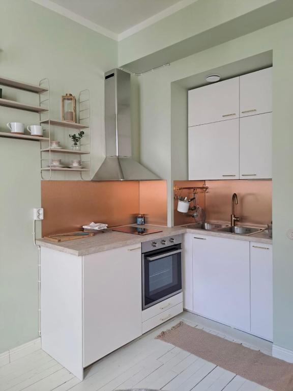 a kitchen with white cabinets and a sink at Peaceful Studio in Töölö in Helsinki