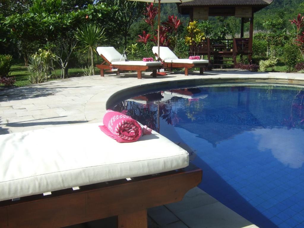 a swimming pool with two lounge chairs at Guesthouse Rumah Senang in Kalibaru