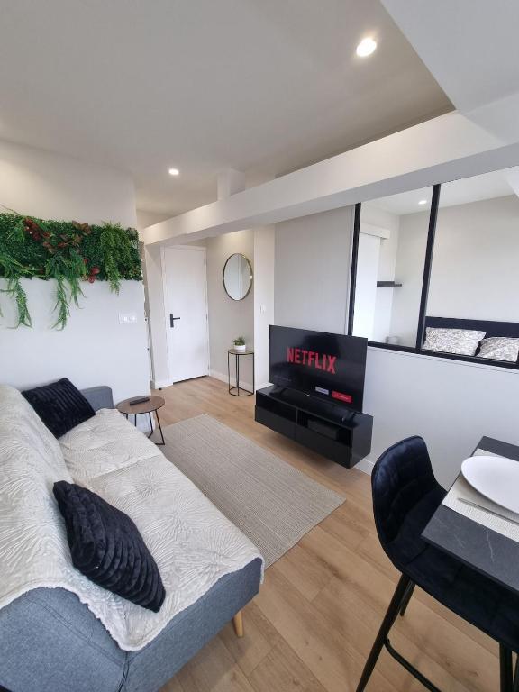 un salon avec un canapé et une cheminée dans l'établissement Sur la savoureuse - Le 64, à Belfort