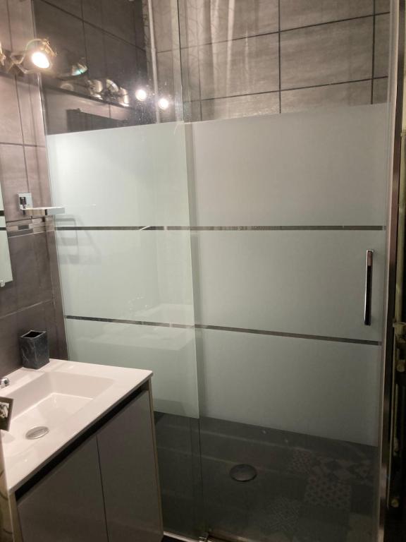 une salle de bain avec douche et lavabo dans l'établissement Deux chambres dans appartement de 96m2, à Angers