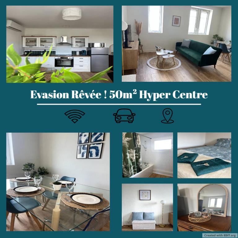 un collage de photos d'un salon et d'une cuisine dans l'établissement Evasion Rêvée! Proche gare et clim, à Marmande