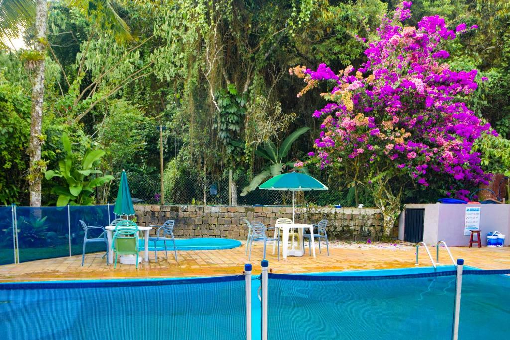 a swimming pool with chairs and an umbrella and flowers at Chalés Suítes Ubatuba Paradise Toninhas in Ubatuba