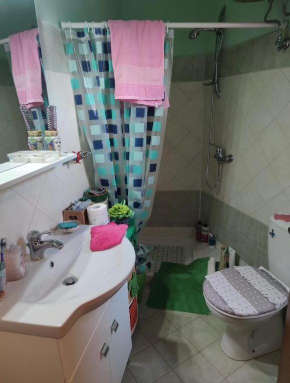 a bathroom with a sink and a toilet and a shower at Cottage Gole Alcantara Sarino in Graniti