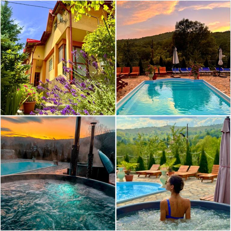 a collage of four pictures of a swimming pool at Pensiunea PORTAS RESORT in Slănic