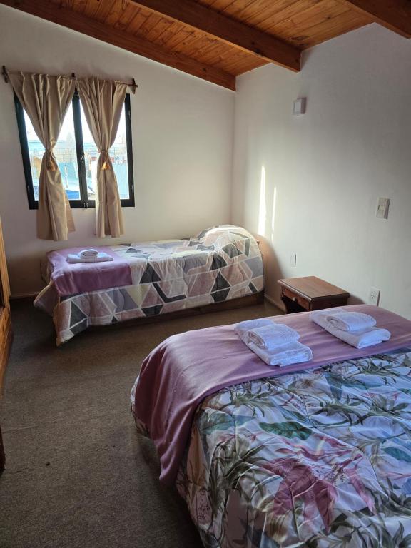 a bedroom with two beds and two windows at Miniloft Centrico in El Calafate