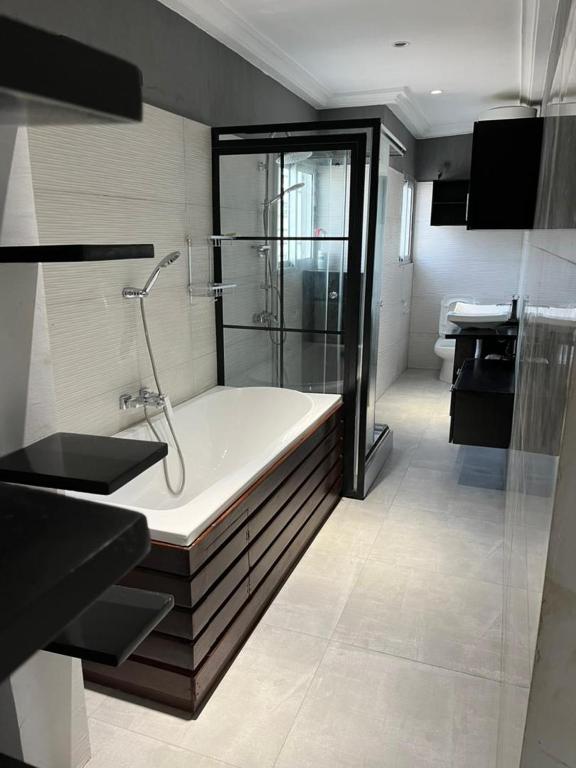 une salle de bain avec douche et baignoire dans l'établissement grand et beau appartement, à Colombes