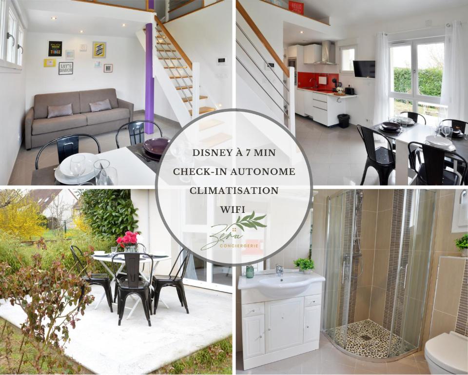 a collage of photos of a living room and dining room at Ebène studio Centre ville Climatisation Terrasse Disneyland 4 personnes et 1 bébé in Bailly-Romainvilliers