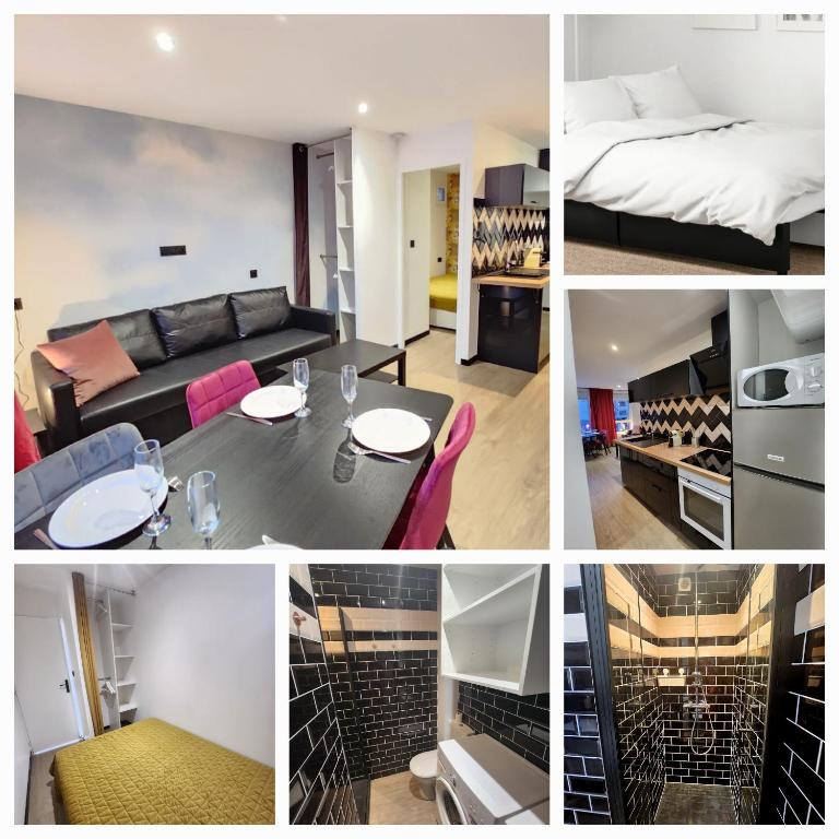 un collage de photos d'un salon et d'une chambre dans l'établissement 2 LITS DOUBLE T2 SUR PORT CLIM PARKING PRIVE 2mn PLAGES, au Cap d'Agde