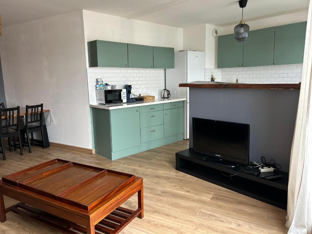 eine Küche mit grünen Schränken und einem Couchtisch in der Unterkunft 2 bedroom Apartment + Parking in Saint-Denis