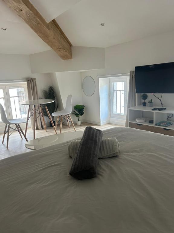 - une chambre avec un lit, une table et des chaises dans l'établissement Le toit du Rhône, Studio, à Tournon-sur-Rhône