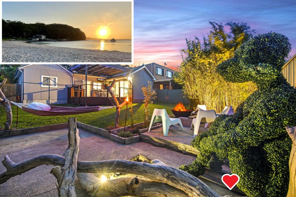 a collage of photos of a house and a dog statue at Kookaburra Krib Walk 2 Little Beach and Shoal Bay in Nelson Bay