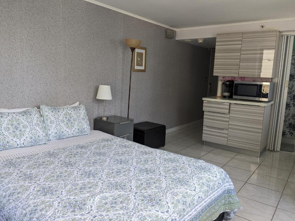 une chambre avec un lit et un micro-ondes dans l'établissement Charming Studio Waikiki Hawaiian Monarch, à Honolulu