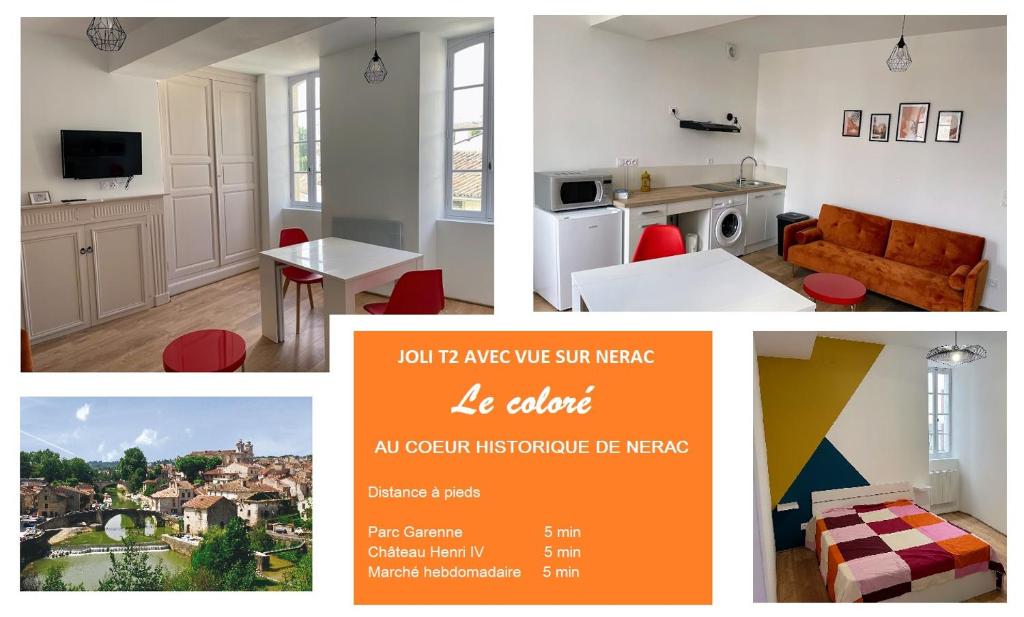 un collage de photos d'une cuisine et d'un salon dans l'établissement Le Coloré- T2 confortable avec vue sur Nérac, à Nérac