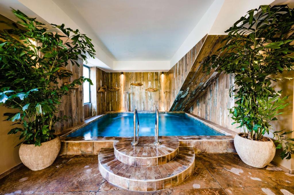 a swimming pool with two potted plants in a room at Le Hameau Des Pesquiers Ecolodge & Spa, Curio Collection By Hilton in Hyères