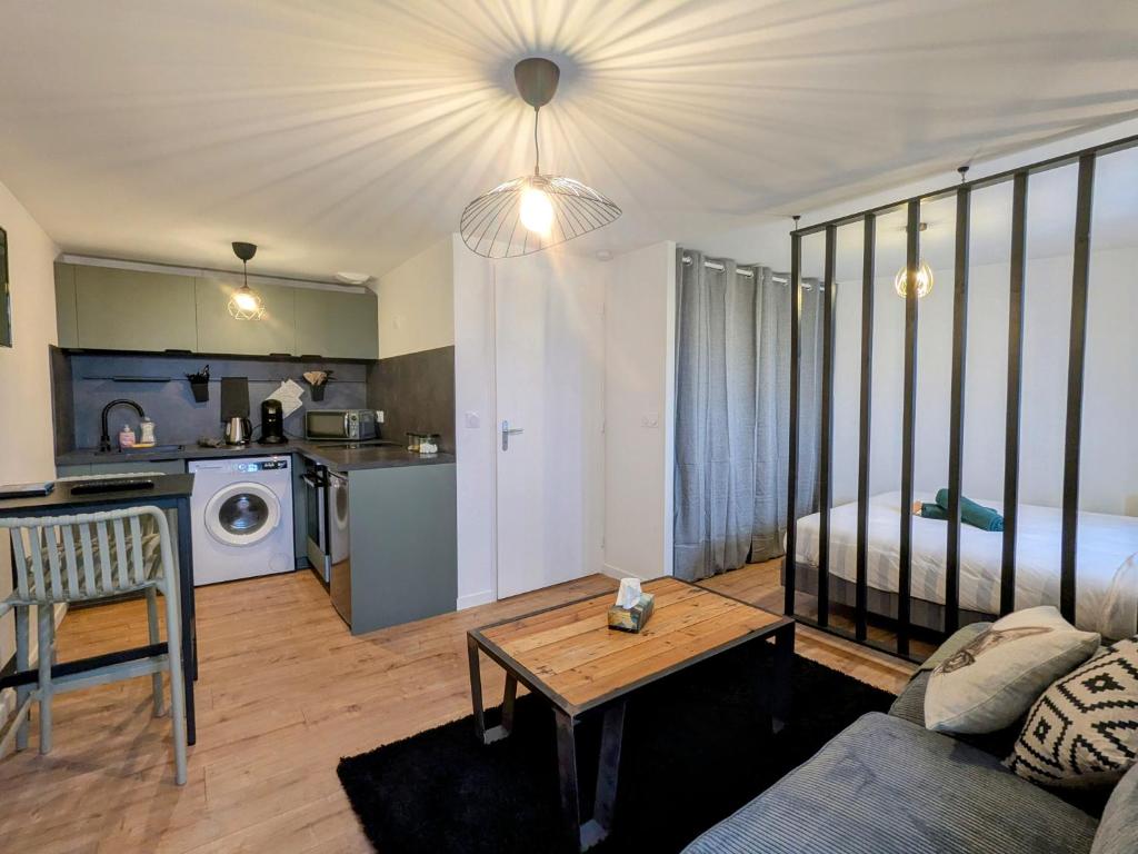 un salon avec un canapé et une table dans l'établissement Studio hypercentre de Roanne - 10 train station, à Roanne