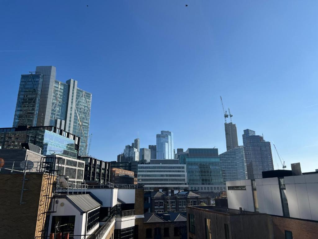 a view of a city skyline with tall buildings at Shoreditch Rooftop Suites in London