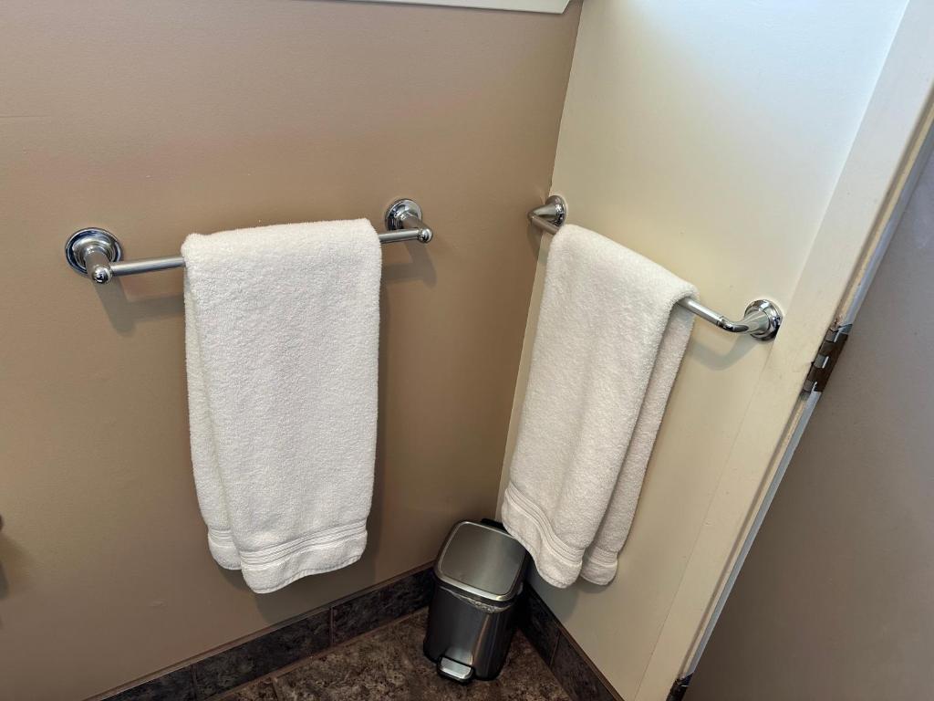 two white towels hanging on a wall in a bathroom at Meadowcliff Lodge Coleville in Coleville