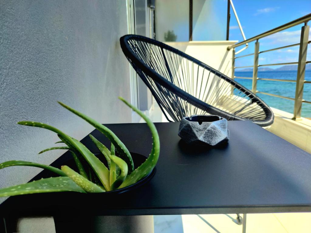 a black chair sitting on a table next to a plant at BLACK & WHITE SeaSide House Kalamia in Korinthos