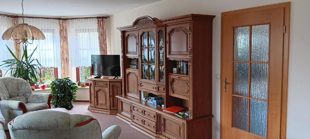 TV a/nebo společenská místnost v ubytování Ferienhaus Töpferblick-Hartau