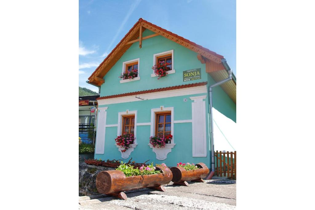 a blue house with potted plants on it at Chalupa Sonja in Lúčky