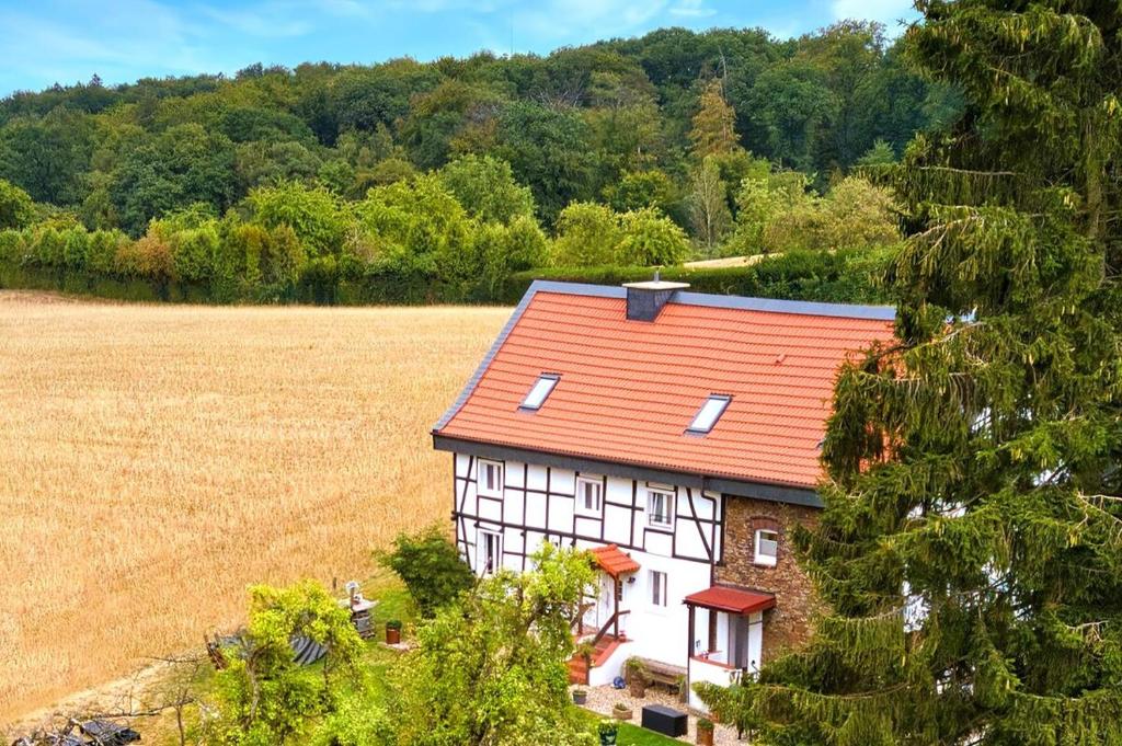 an aerial view of a house with a red roof at Familienfreundliche grüne Oase im Essener Süden in Essen