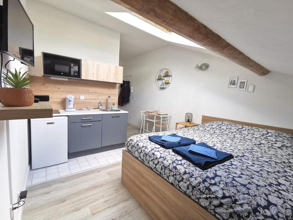 une grande chambre avec un lit et une cuisine dans l'établissement Le Nid champenois, à Reims